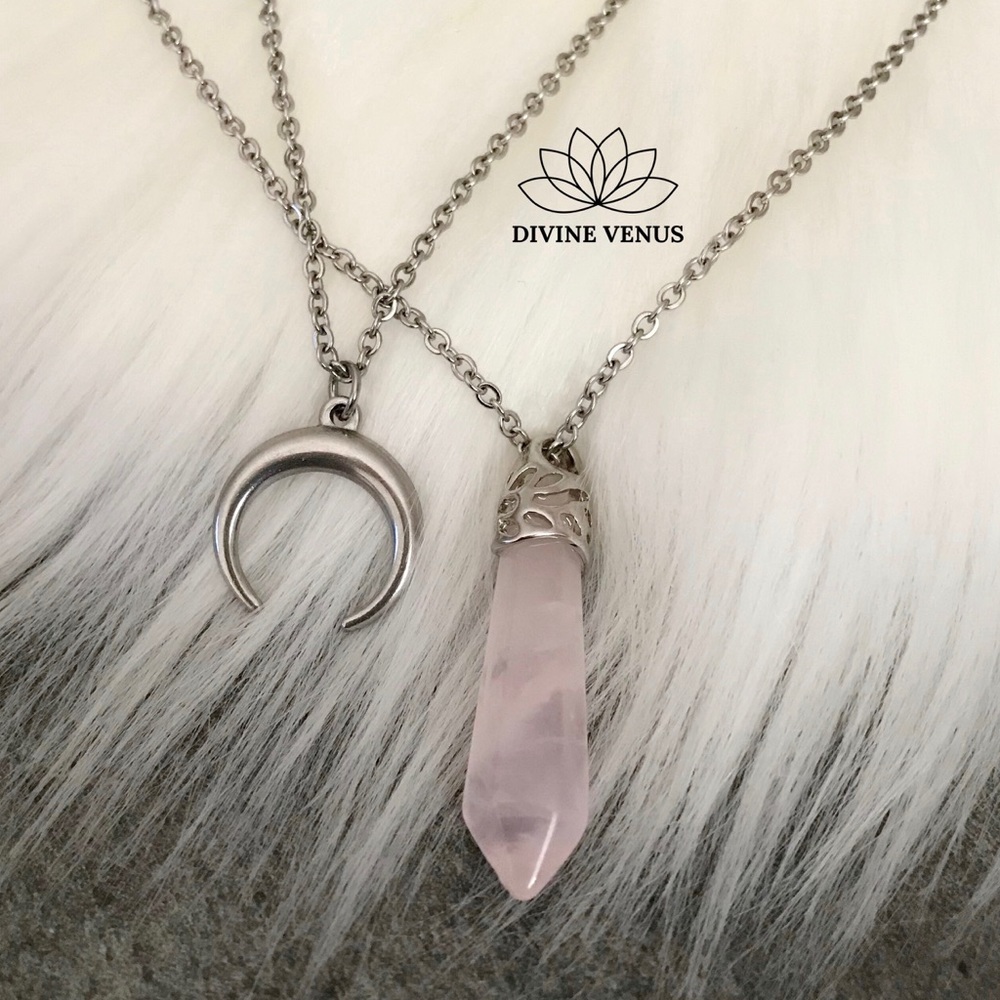 Rose Quartz Crescent Moon Layered Necklace - Picture 7 of 15